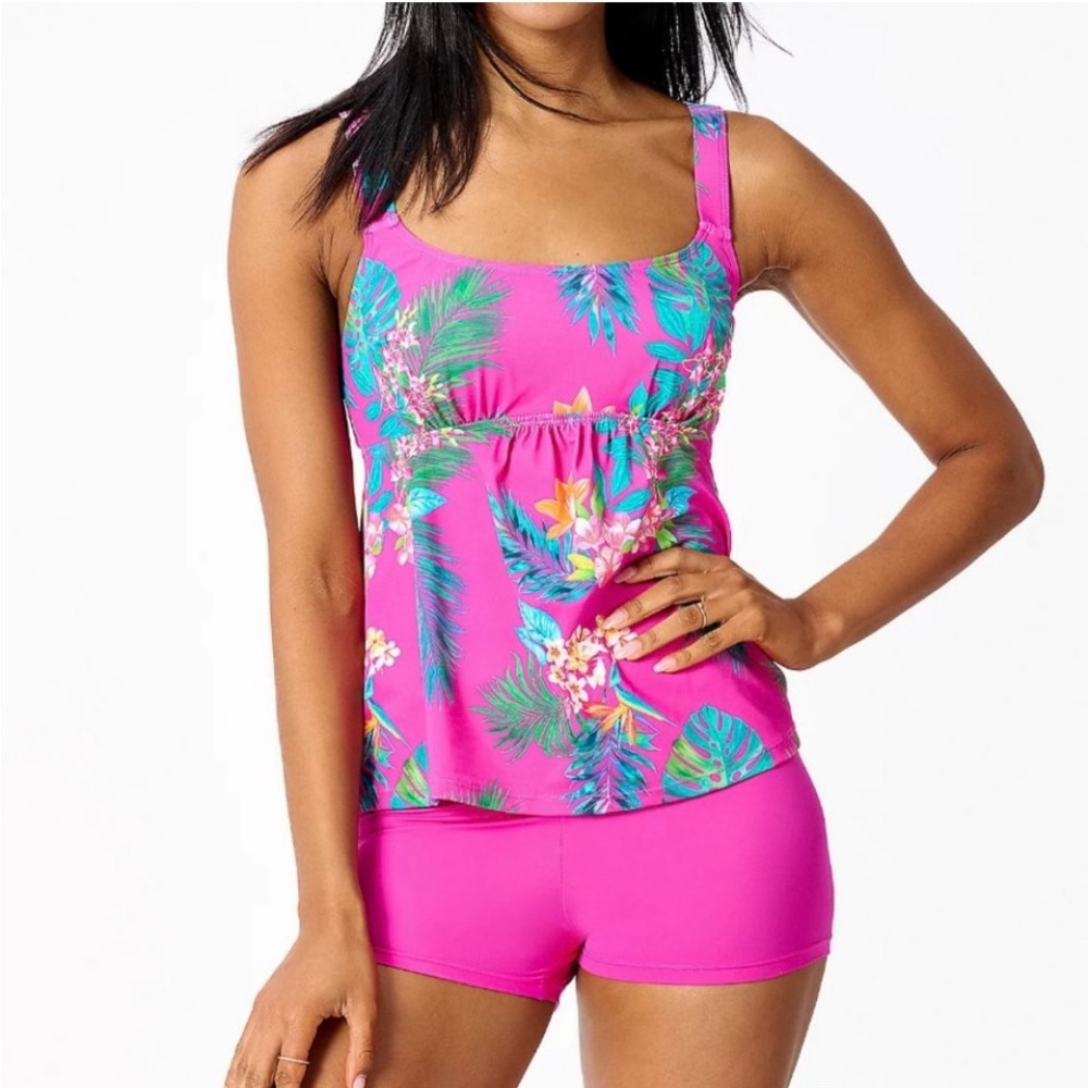 QVC Kim Gravel x Swimsuits 4 All Vibrant Pink Tropical Tankini Set size 16